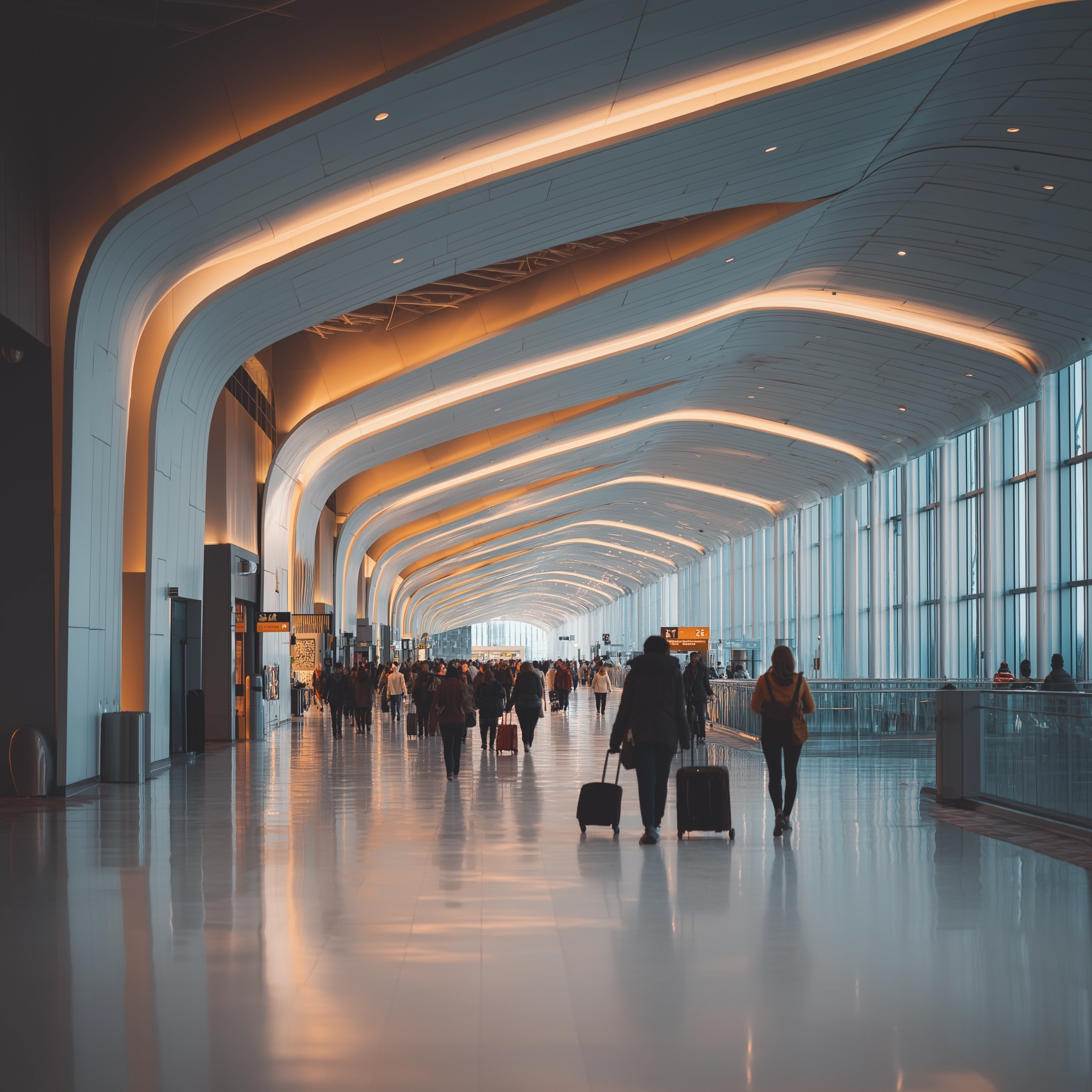 Modern airport terminal with travelers walking through